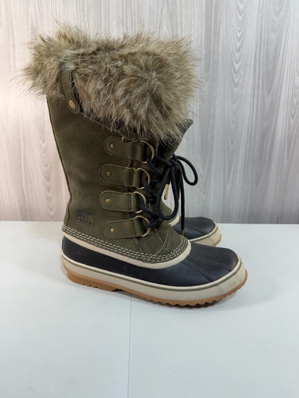 Sorel Joan Of Arctic Snow Boot Size 9 Women Tall Olive Suede Waterproof Lace Up